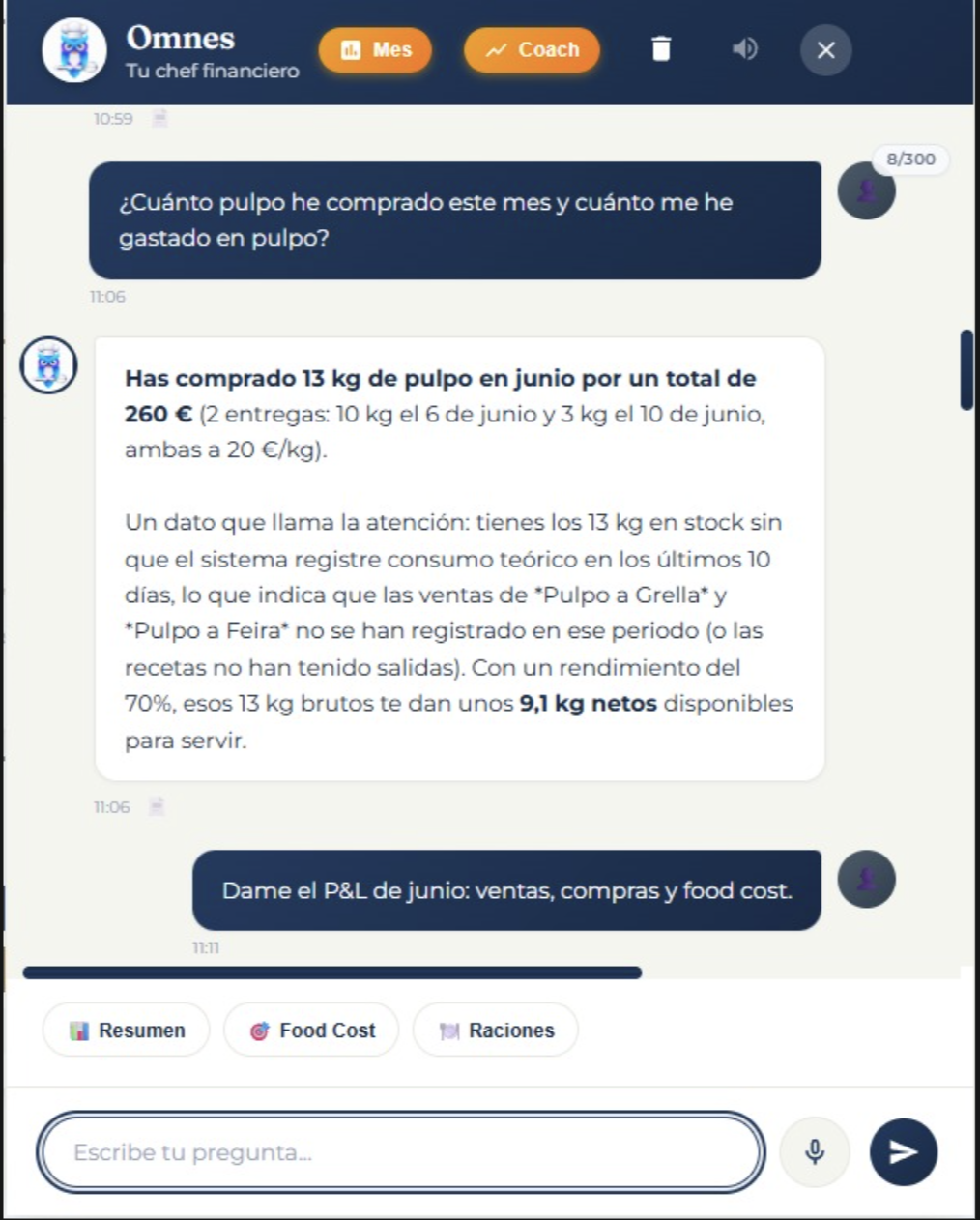 Omnes responde cuánto pulpo se ha comprado y gastado, con rendimiento y kilos netos reales