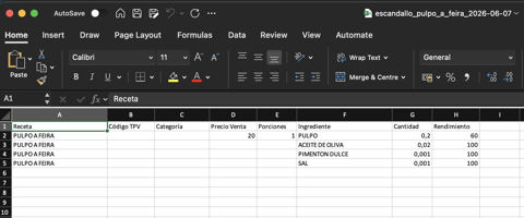 Escandallo exportado a Excel