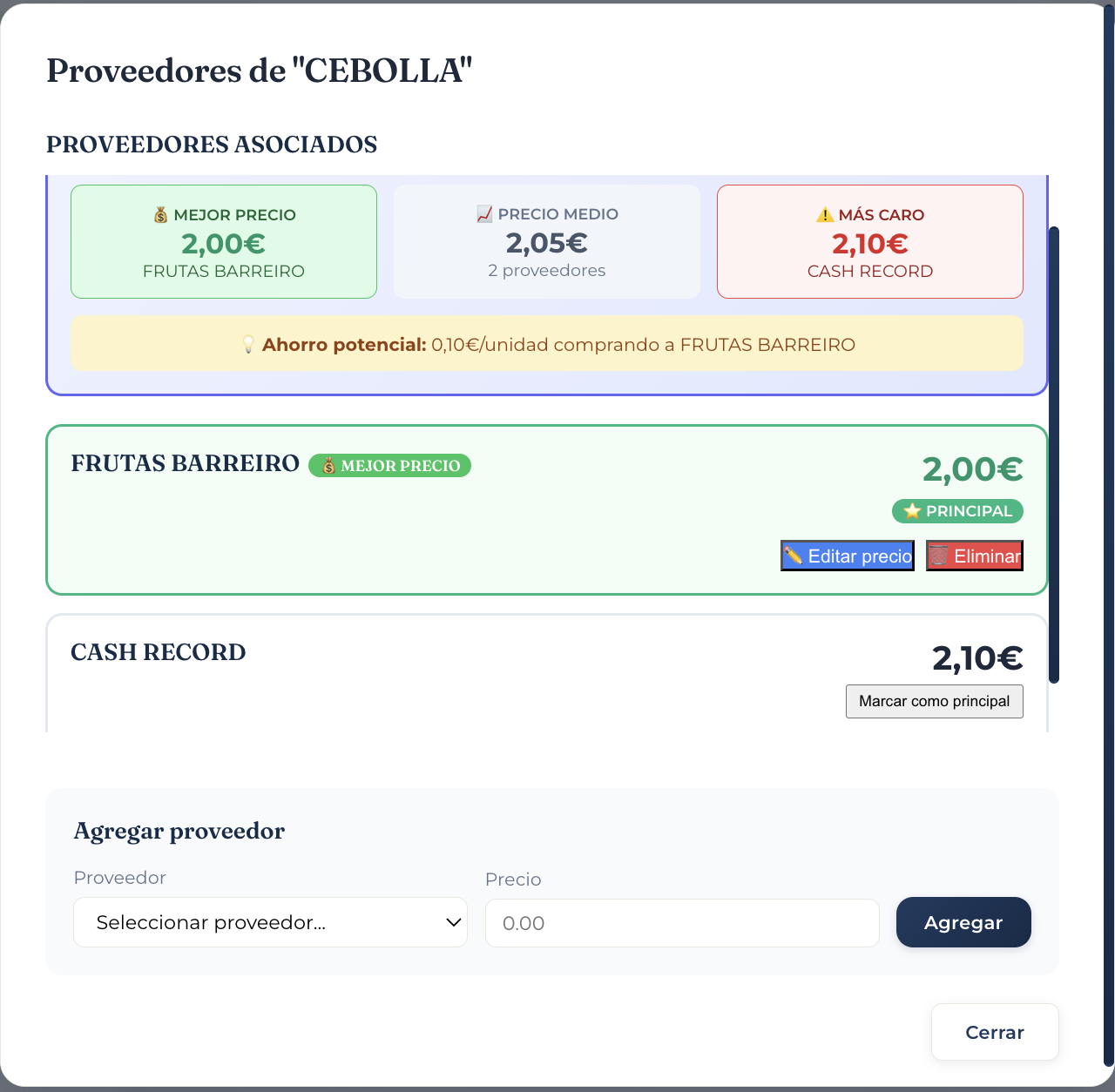 Comparador de proveedores de un ingrediente