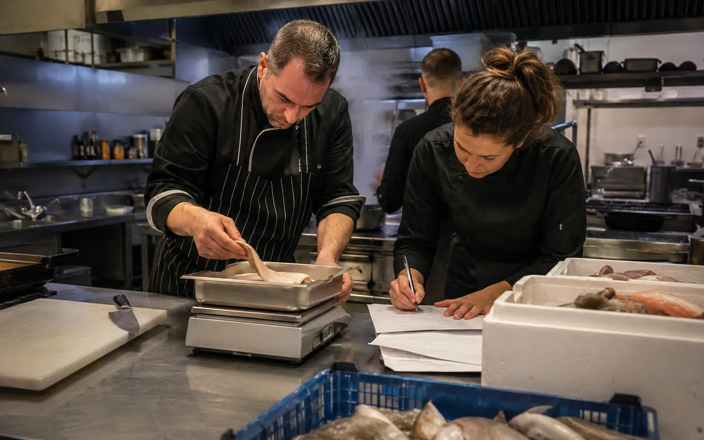 Iker y Anaís pesando pescado y anotando la merma real en la cocina de un cliente