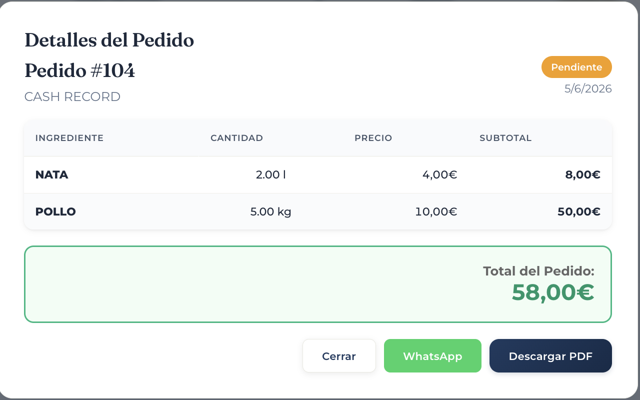 Pedido creado en CosteOS, pendiente — se envía por WhatsApp o se descarga en PDF