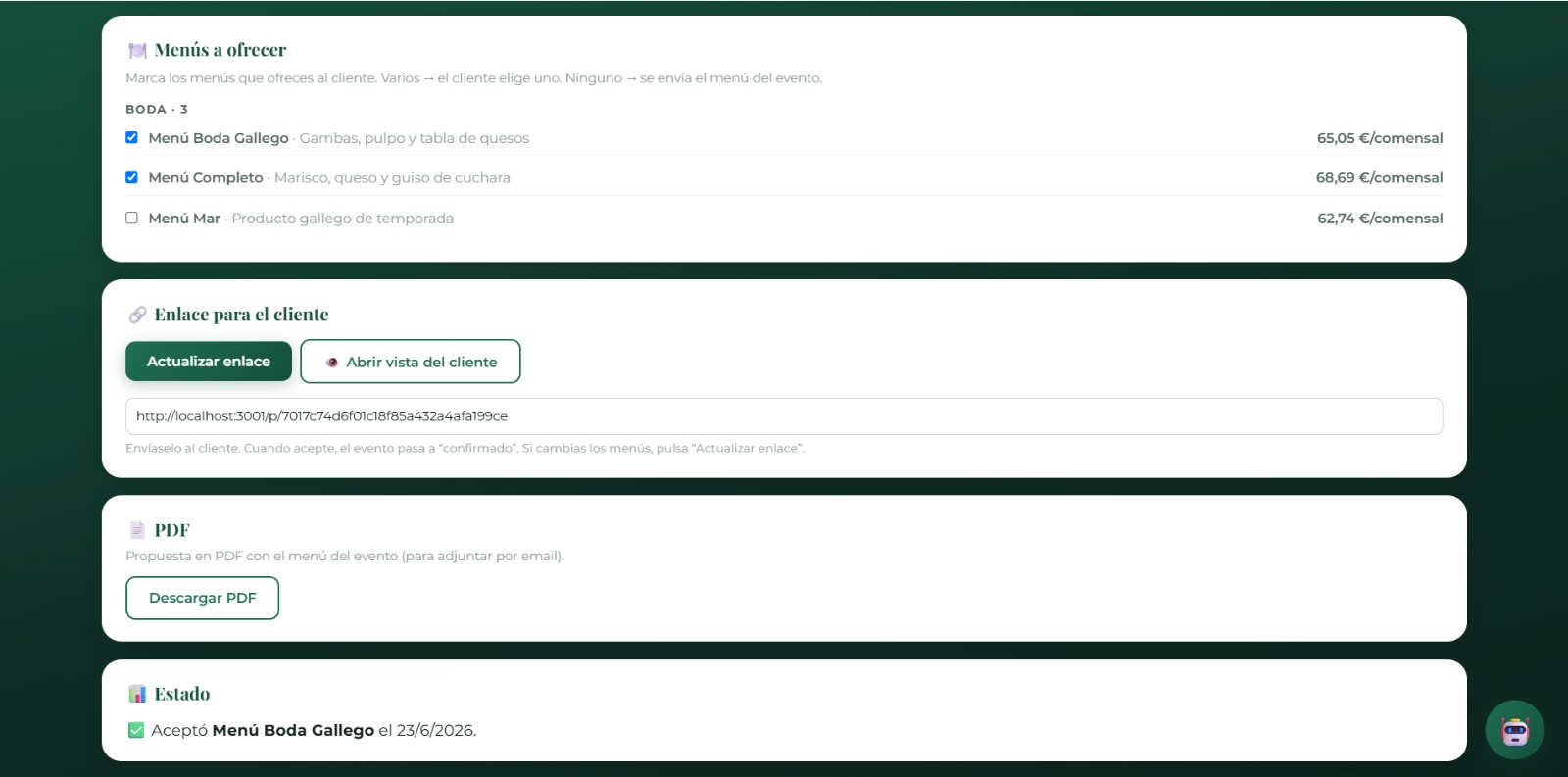 Menús a ofrecer, enlace al cliente y PDF en EventOS