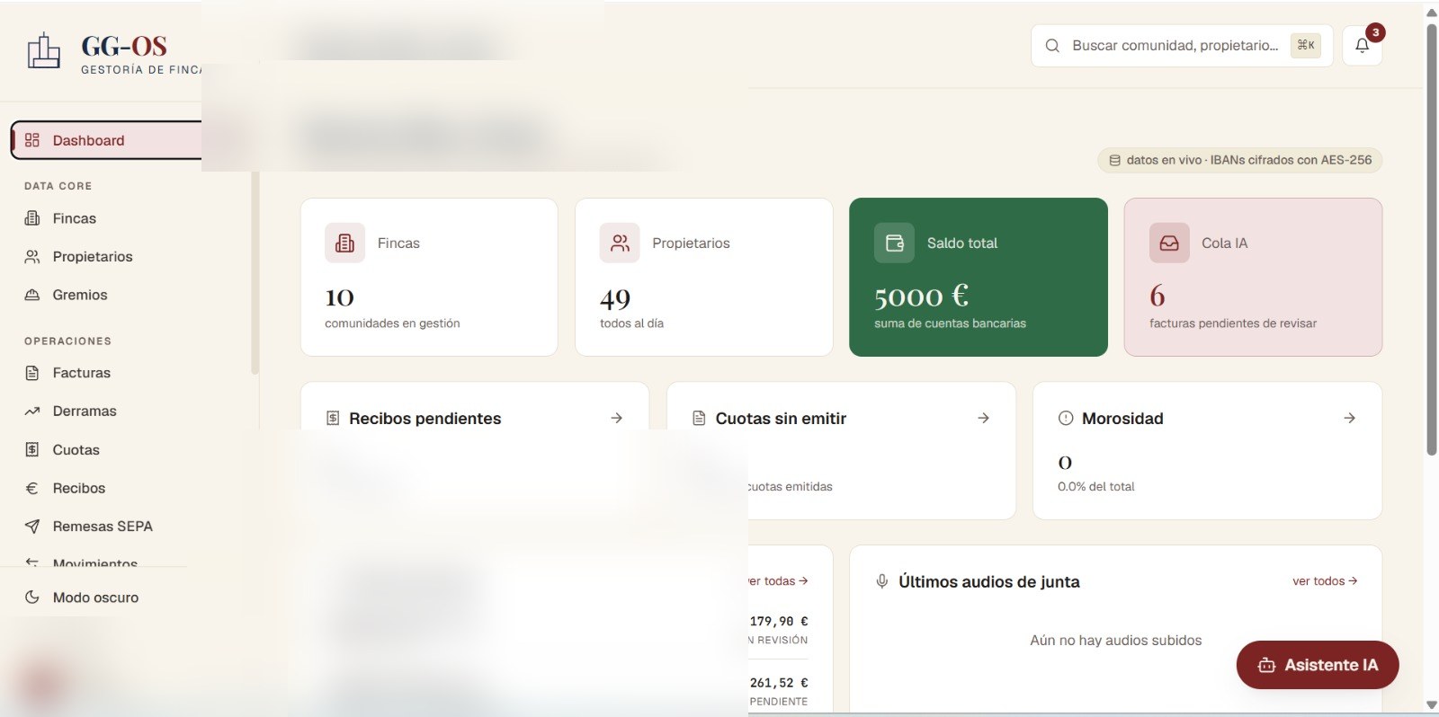 Dashboard de GG-OS: fincas, propietarios, saldo, cola IA y morosidad